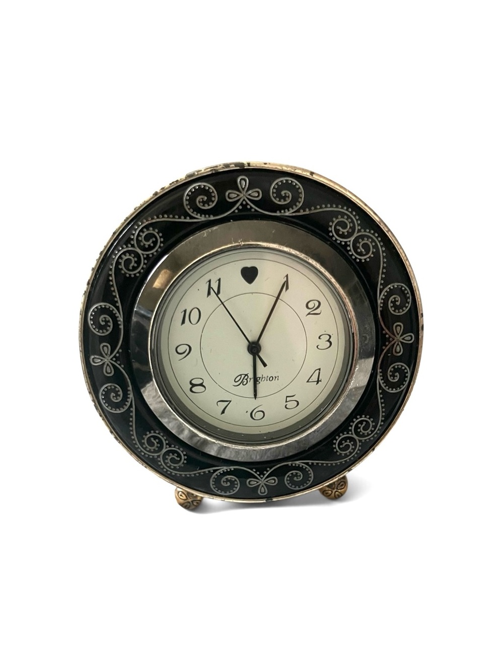 Brighton Vintage Victorian Style Desk Table Clock Black Enamel Silver Tone